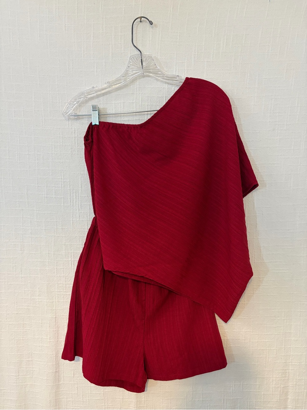 Bonita Red One Shoulder Romper Asymmetrical Sleeve Crinkle Polyester, Size S